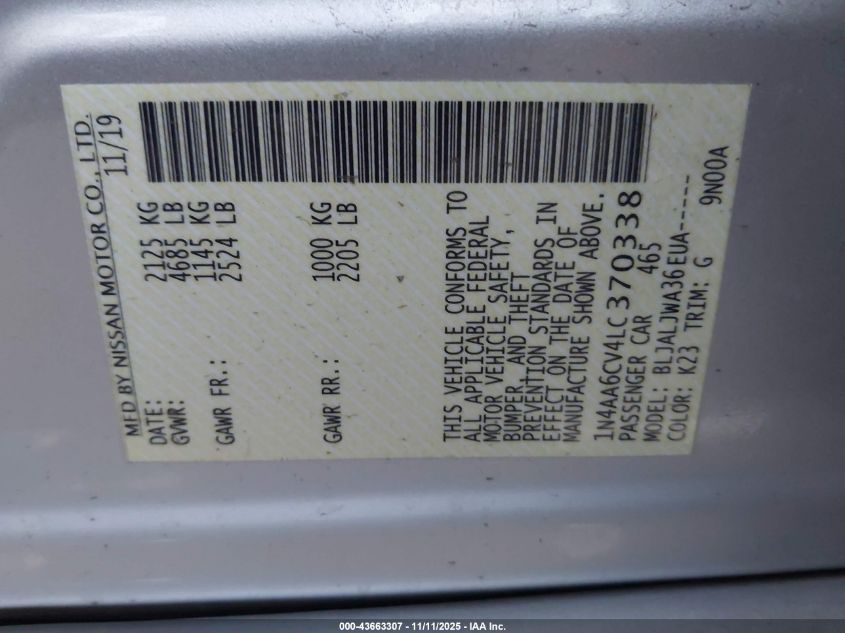 2020 Nissan Maxima Sv Xtronic Cvt VIN: 1N4AA6CV4LC370338 Lot: 43663307