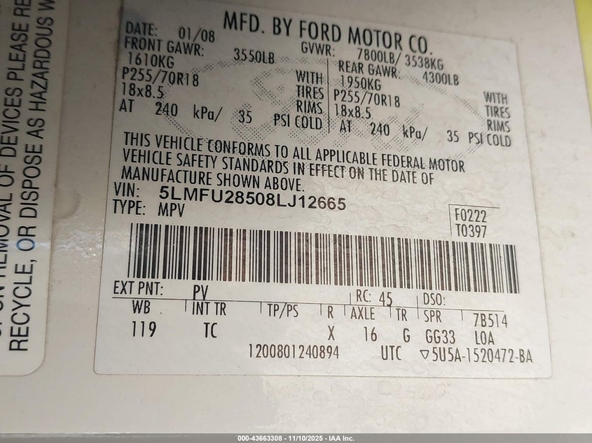 2008 Lincoln Navigator VIN: 5LMFU28508LJ12665 Lot: 43663308