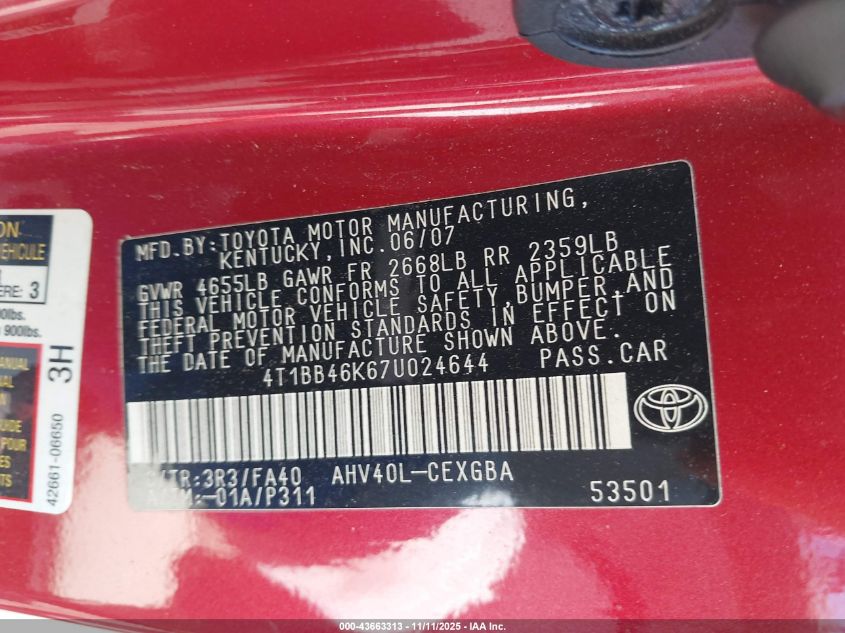 2007 Toyota Camry Hybrid VIN: 4T1BB46K67U024644 Lot: 43663313