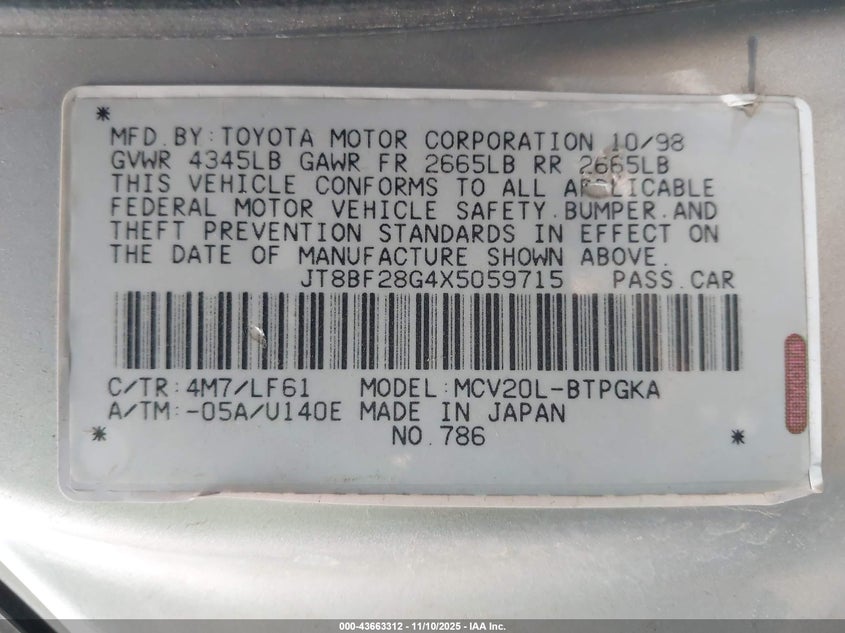 1999 Lexus Es 300 VIN: JT8BF28G4X5059715 Lot: 43663312