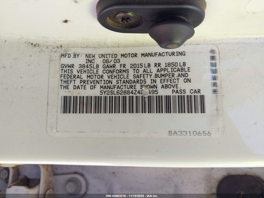 2004 Pontiac Vibe VIN: 5Y2SL62884Z423495 Lot: 43663316