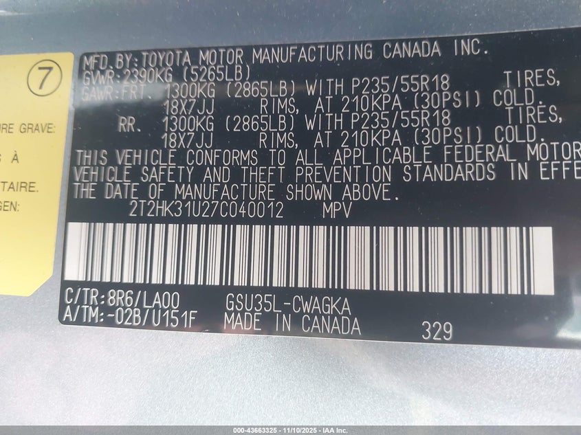 2007 Lexus Rx 350 VIN: 2T2HK31U27C040012 Lot: 43663325