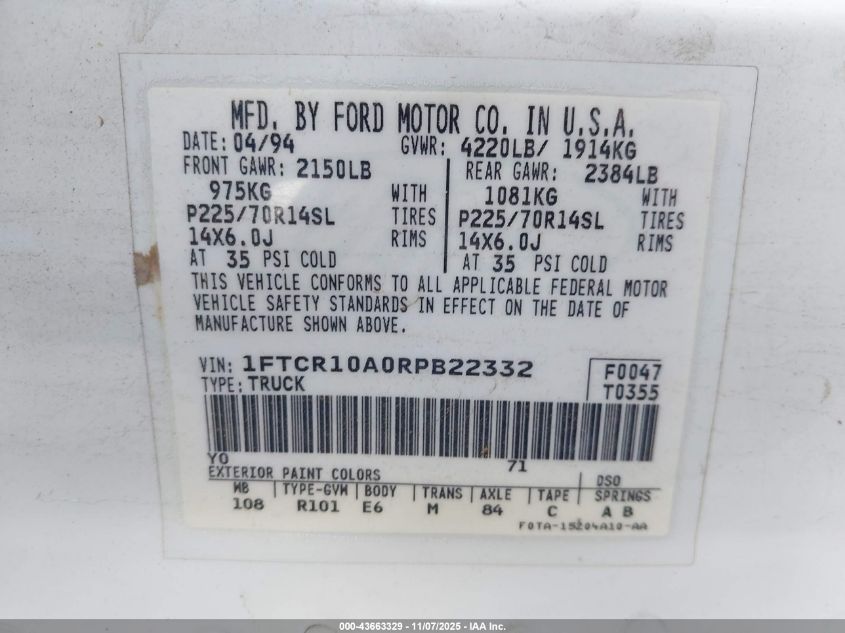 1994 Ford Ranger VIN: 1FTCR10A0RPB22332 Lot: 43663329