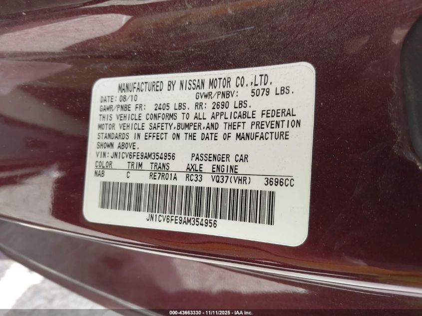 2010 Infiniti G37 VIN: JN1CV6FE9AM354956 Lot: 43663330