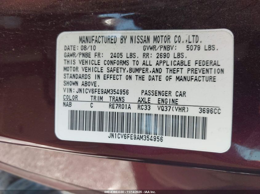 2010 Infiniti G37 VIN: JN1CV6FE9AM354956 Lot: 43663330