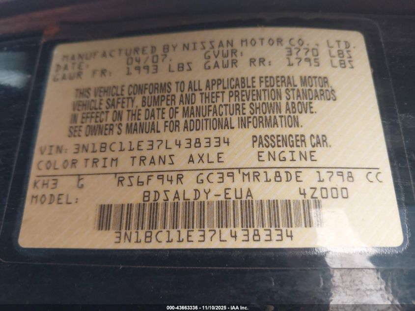 2007 Nissan Versa 1.8S VIN: 3N1BC11E37L438334 Lot: 43663336