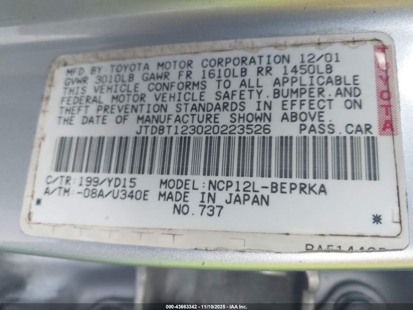 2002 Toyota Echo VIN: JTDBT123020223526 Lot: 43663342