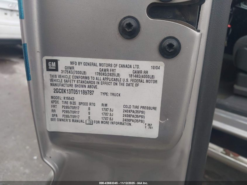 2005 Chevrolet Silverado 1500 Z71 VIN: 2GCEK13T051189787 Lot: 43663345