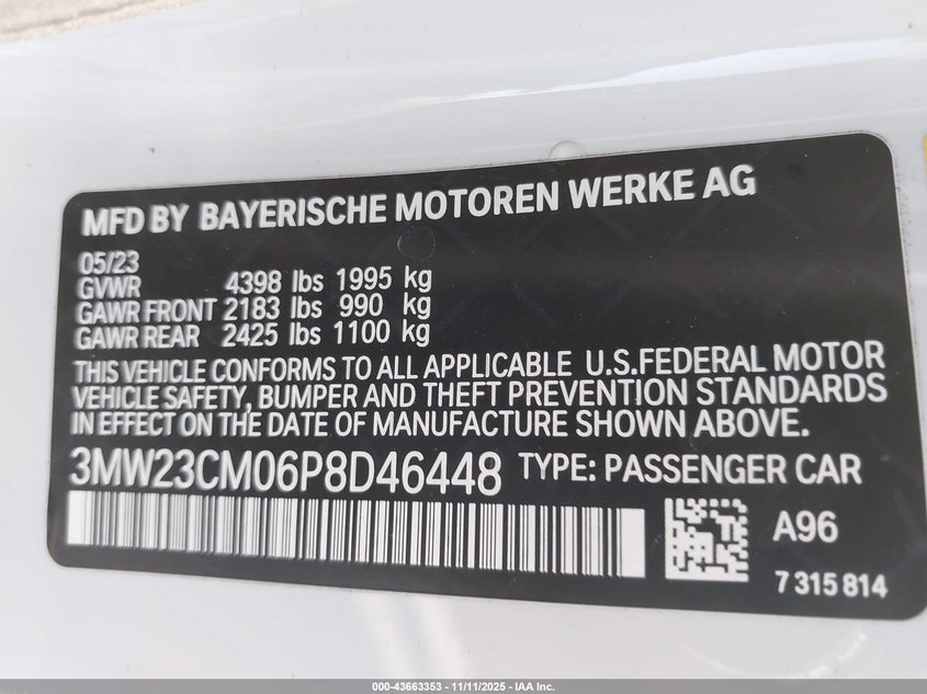 2023 BMW 230 I VIN: 3MW23CM06P8D46448 Lot: 43663353