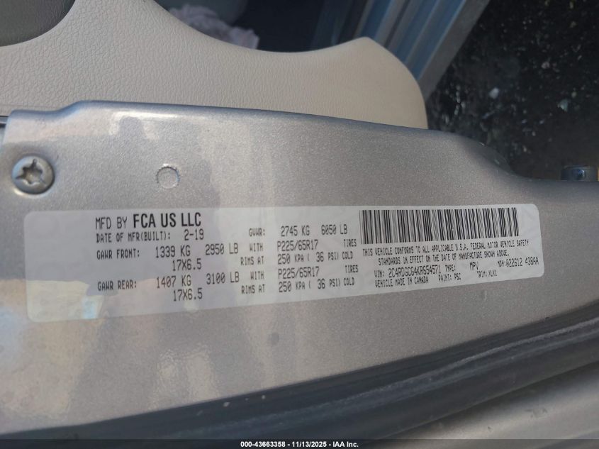 2019 Dodge Grand Caravan Sxt VIN: 2C4RDGCG4KR654571 Lot: 43663358