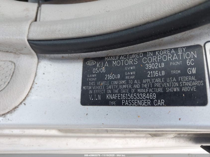 2006 Kia Spectra5 VIN: KNAFE161565338469 Lot: 43663379