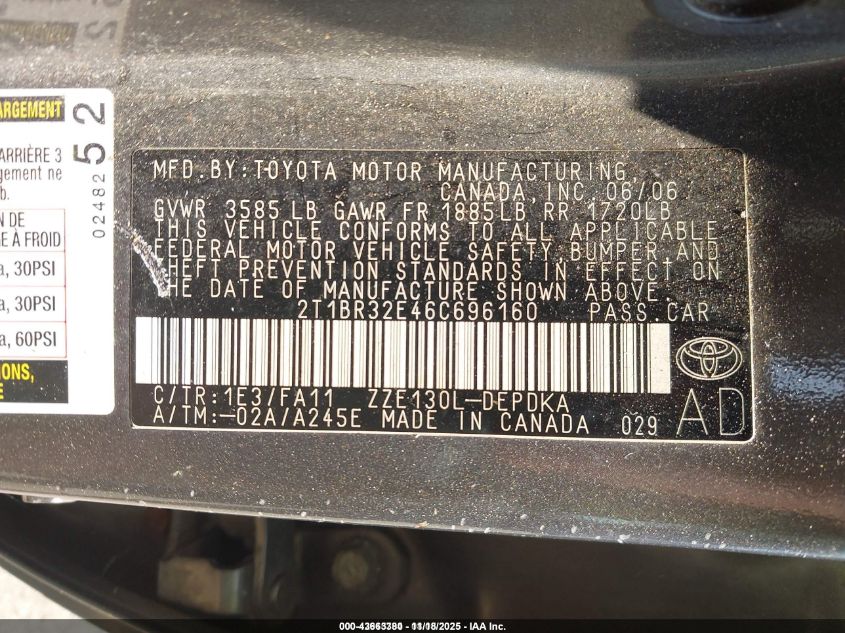 2006 Toyota Corolla Ce VIN: 2T1BR32E46C696160 Lot: 43663380