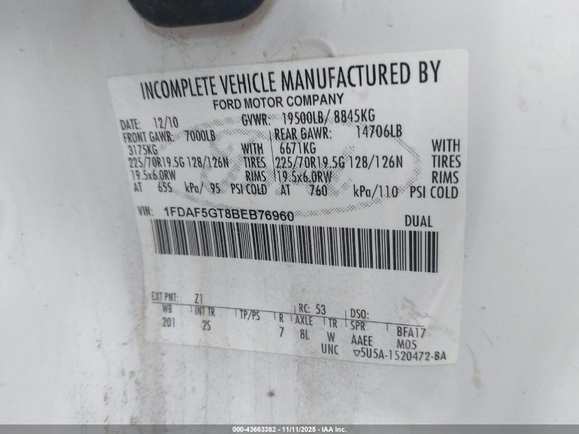 2011 Ford F-550 Chassis Xl VIN: 1FDAF5GT8BEB76960 Lot: 43663382