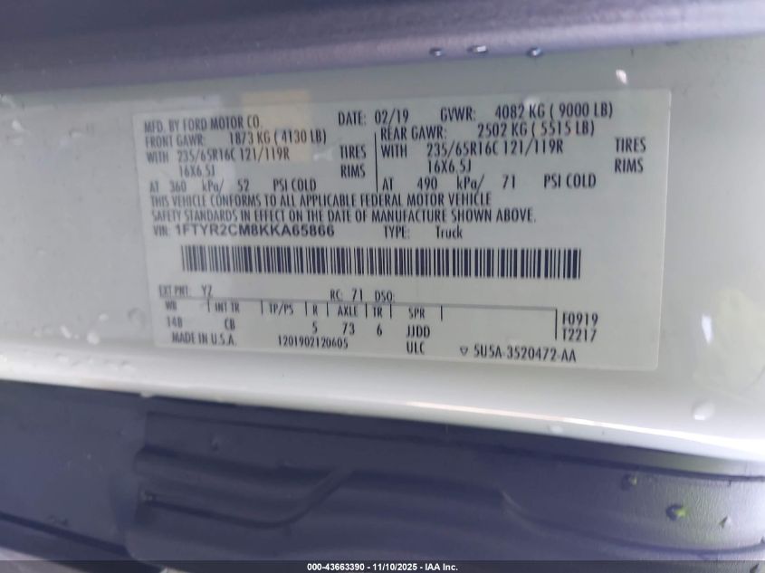 2019 Ford Transit-250 VIN: 1FTYR2CM8KKA65866 Lot: 43663390