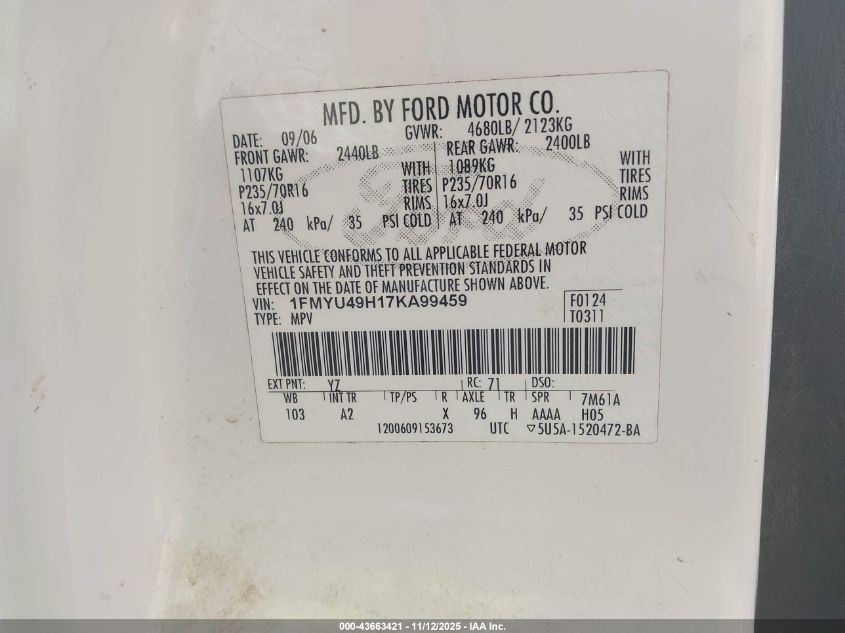 2007 Ford Escape Hybrid VIN: 1FMYU49H17KA99459 Lot: 43663421