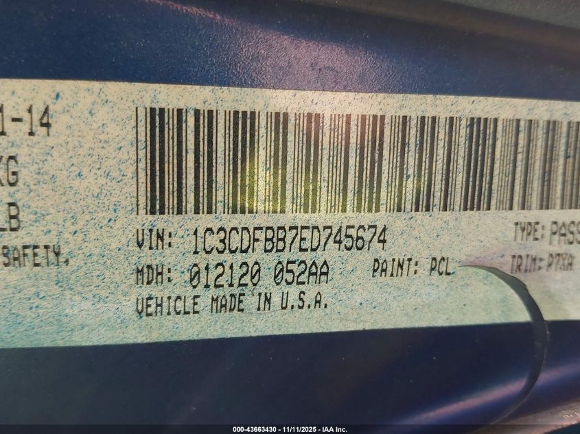 2014 Dodge Dart Sxt VIN: 1C3CDFBB7ED745674 Lot: 43663430