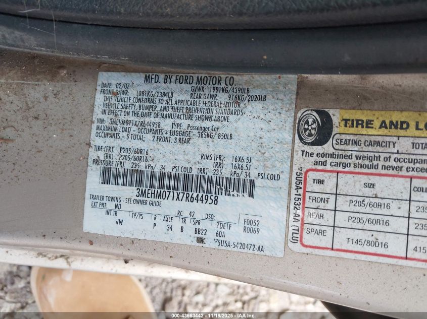 2007 Mercury Milan V6 VIN: 3MEHM071X7R644958 Lot: 43663442