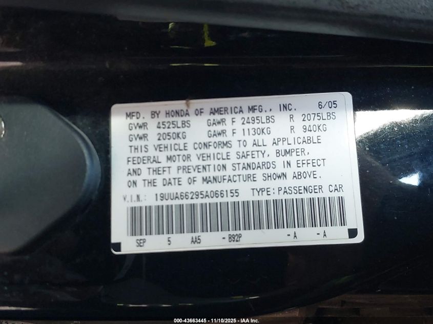 2005 Acura Tl VIN: 19UUA66295A066155 Lot: 43663445