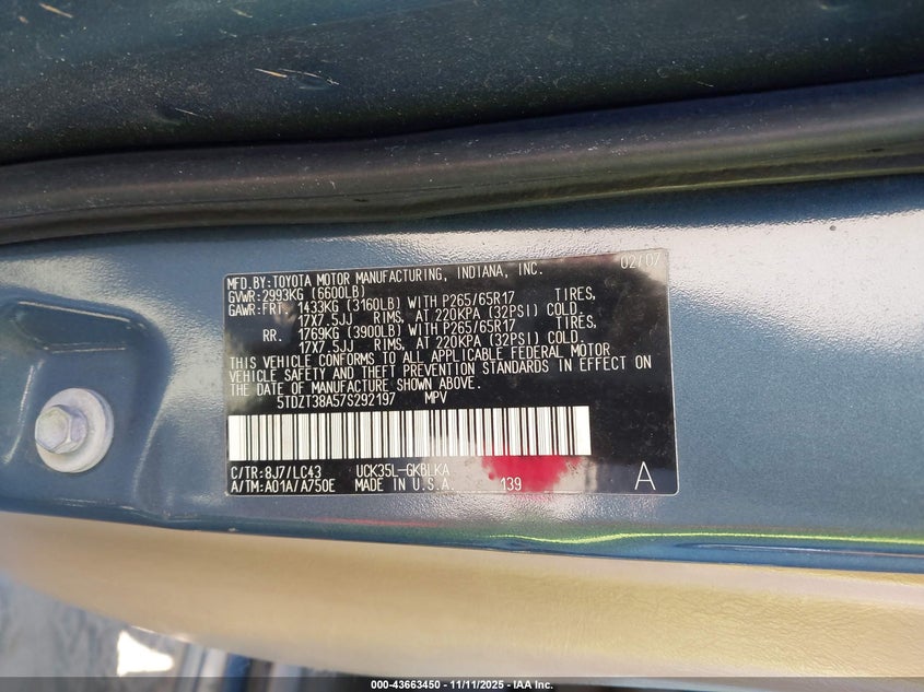 2007 Toyota Sequoia Limited V8 VIN: 5TDZT38A57S292197 Lot: 43663450