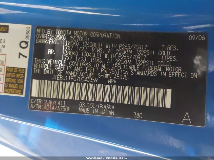 2007 Toyota Fj Cruiser VIN: JTEBU11F070043359 Lot: 43663460