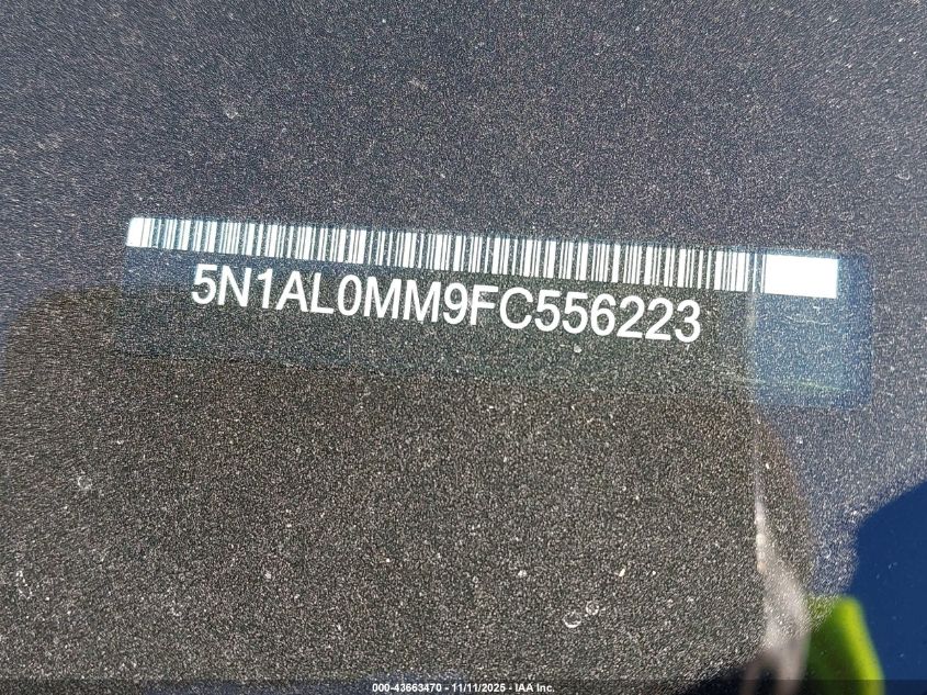 2015 Infiniti Qx60 VIN: 5N1AL0MM9FC556223 Lot: 43663470