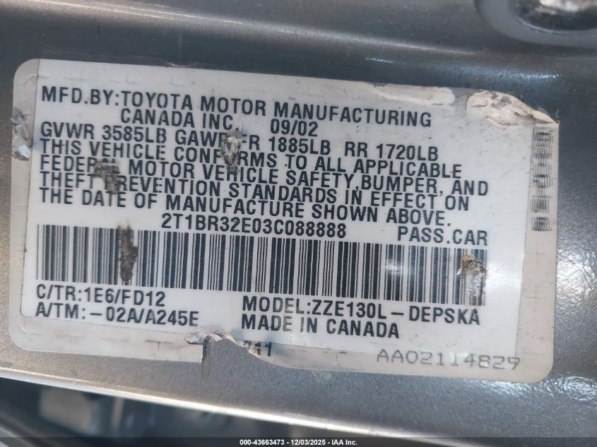 2003 Toyota Corolla S VIN: 2T1BR32E03C088888 Lot: 43663473