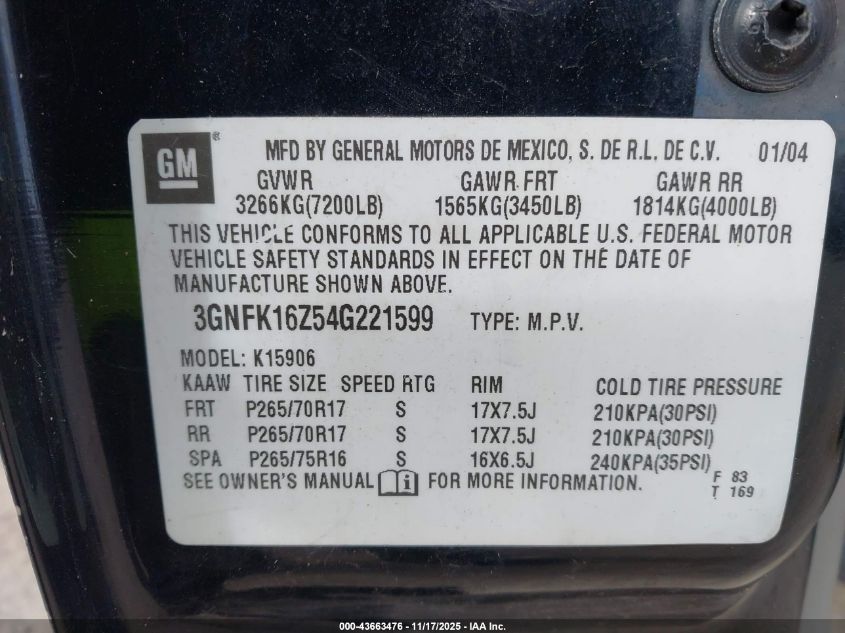 2004 Chevrolet Suburban 1500 Z71 VIN: 3GNFK16Z54G221599 Lot: 43663476