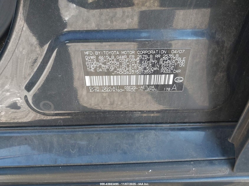 2007 Lexus Is 250 VIN: JTHCK262375013557 Lot: 43663495