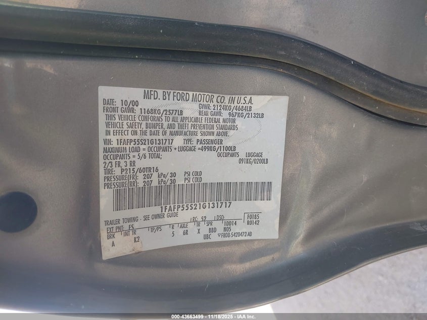 2001 Ford Taurus Ses VIN: 1FAFP55S21G131717 Lot: 43663499