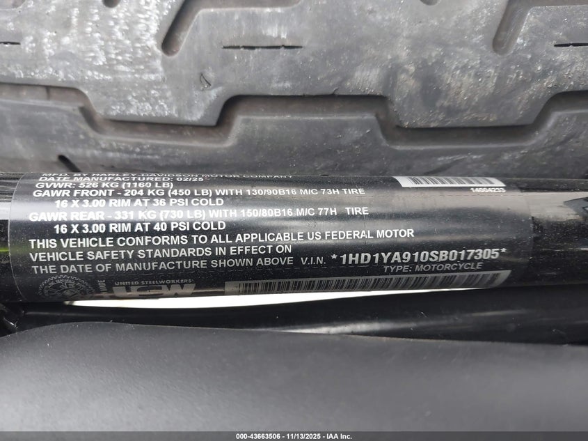 2025 Harley-Davidson Flhc VIN: 1HD1YA910SB017305 Lot: 43663506