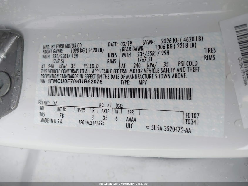 2019 FORD ESCAPE S - 1FMCU0F70KUB62076