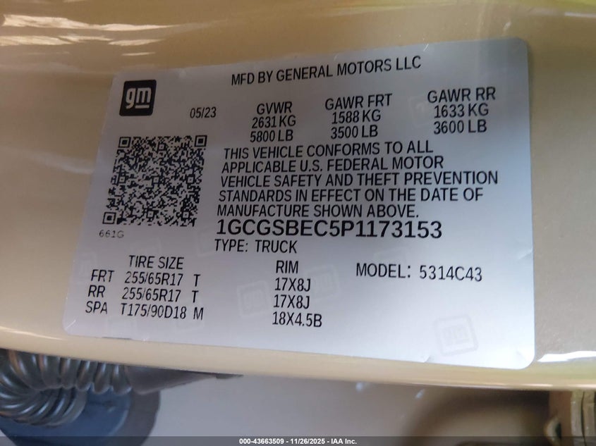 2023 Chevrolet Colorado 2Wd Short Box Wt VIN: 1GCGSBEC5P1173153 Lot: 43663509