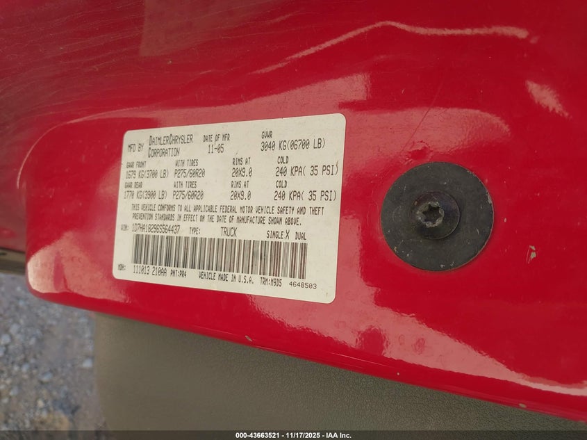 2006 Dodge Ram 1500 Slt VIN: 1D7HA18296S564437 Lot: 43663521