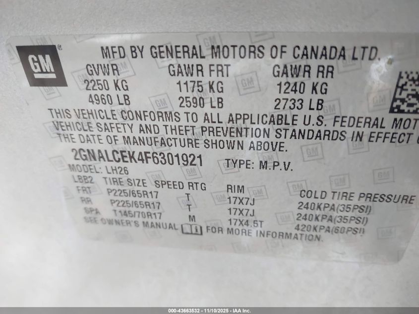 2015 Chevrolet Equinox 2Lt VIN: 2GNALCEK4F6301921 Lot: 43663532