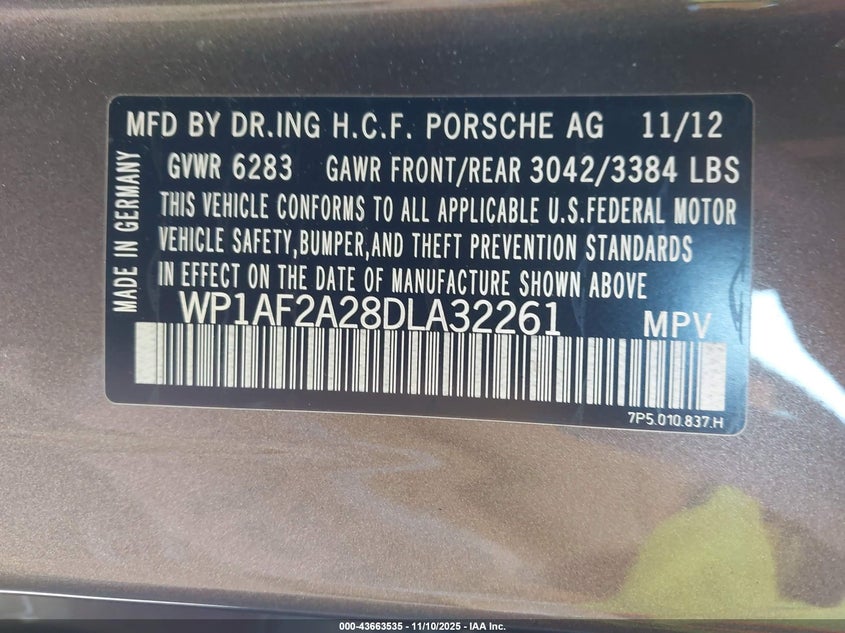 2013 Porsche Cayenne Diesel VIN: WP1AF2A28DLA32261 Lot: 43663535