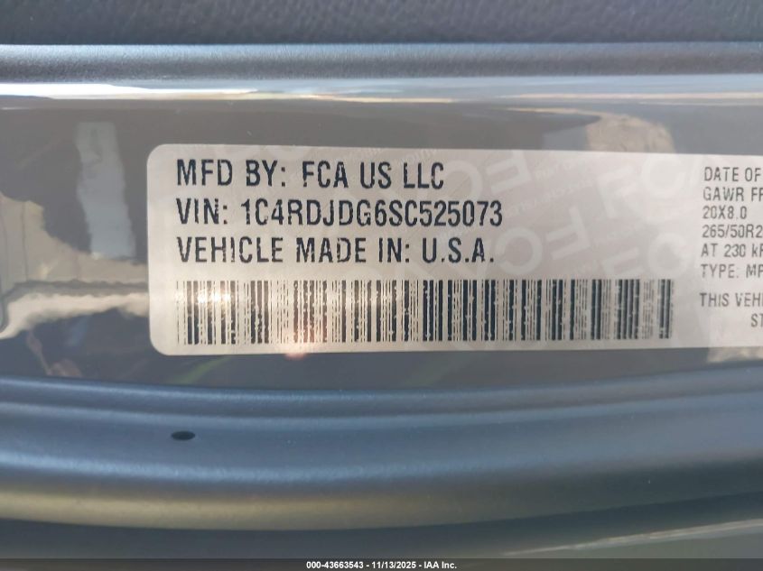 2025 Dodge Durango Gt Awd VIN: 1C4RDJDG6SC525073 Lot: 43663543