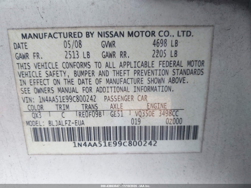 2009 Nissan Maxima 3.5 Sv VIN: 1N4AA51E99C800242 Lot: 43663547