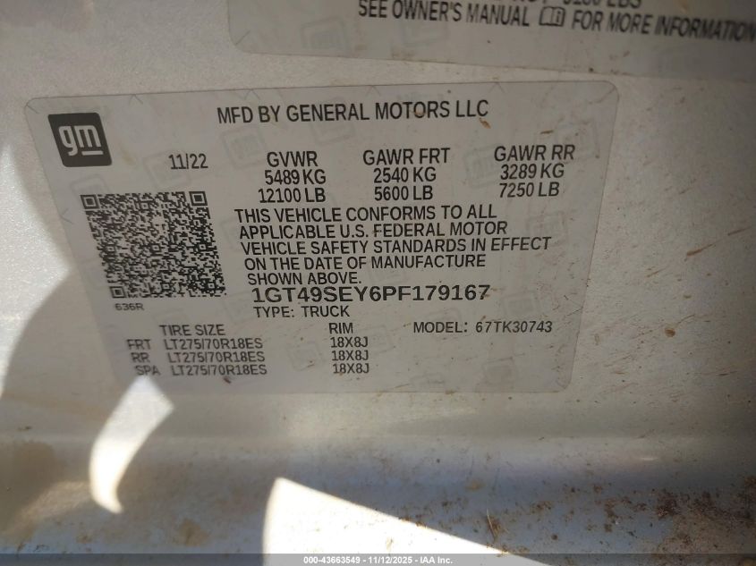 2023 GMC Sierra 3500Hd 4Wd Standard Bed Pro VIN: 1GT49SEY6PF179167 Lot: 43663549