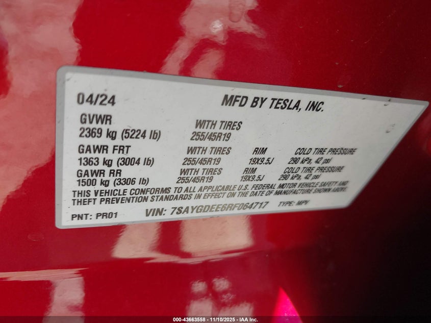2024 Tesla Model Y Long Range Dual Motor All-Wheel Drive VIN: 7SAYGDEE6RF064717 Lot: 43663558