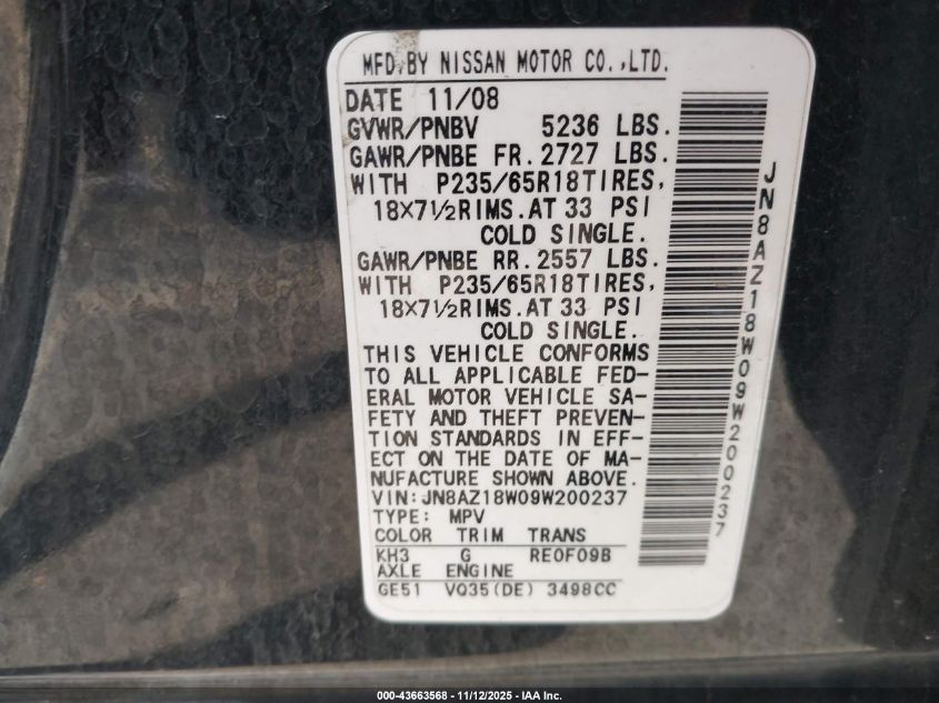 2009 Nissan Murano S VIN: JN8AZ18W09W200237 Lot: 43663568