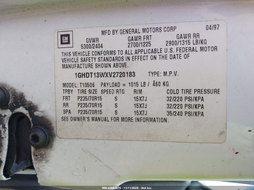1997 Oldsmobile Bravada VIN: 1GHDT13WXV2720183 Lot: 43663570