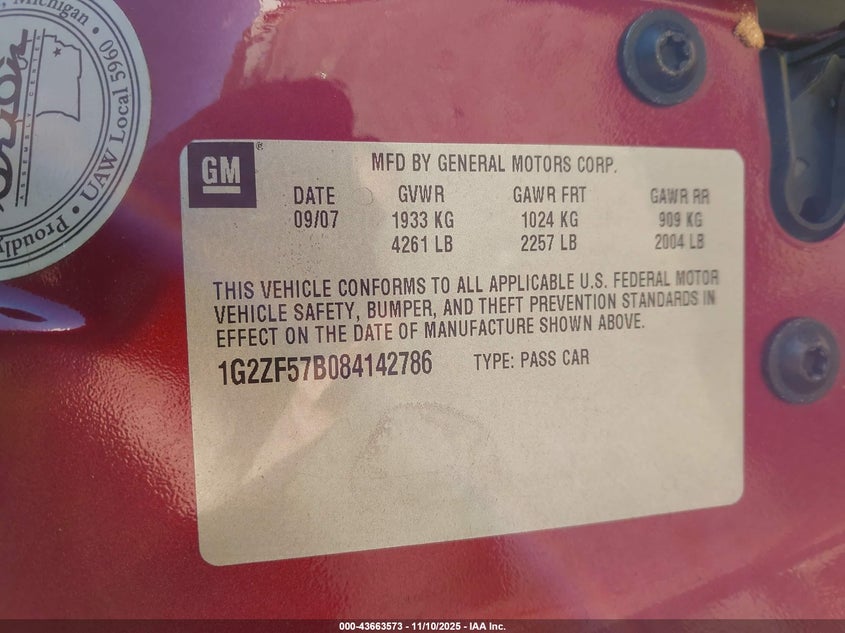 2008 Pontiac G6 Value Leader VIN: 1G2ZF57B084142786 Lot: 43663573