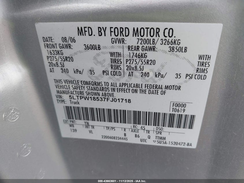 2007 Lincoln Mark Lt VIN: 5LTPW18537FJ01718 Lot: 43663601