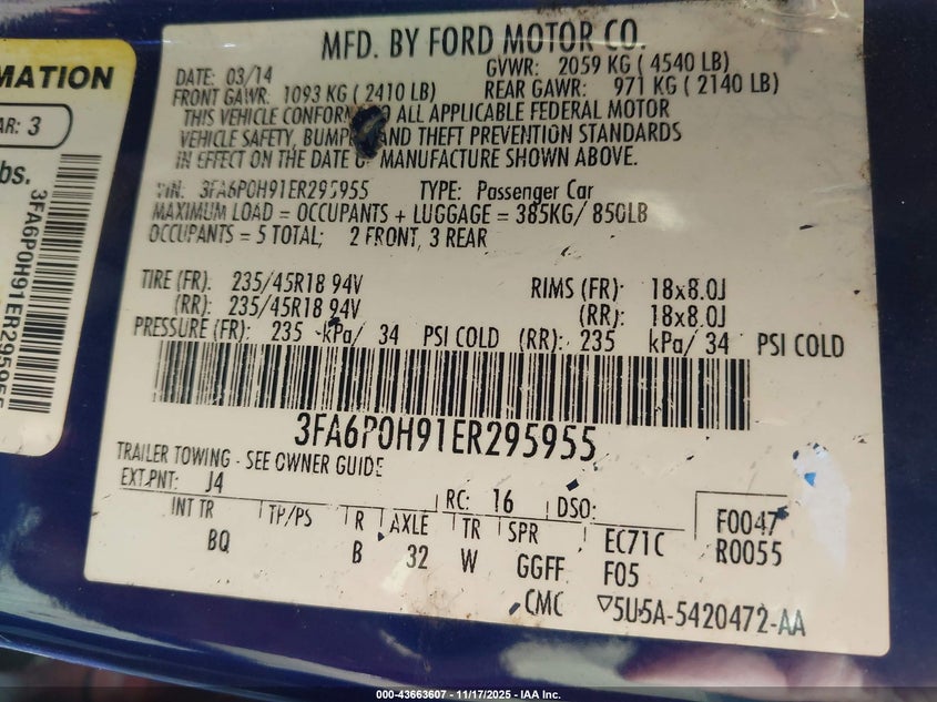 2014 Ford Fusion Se VIN: 3FA6P0H91ER295955 Lot: 43663607