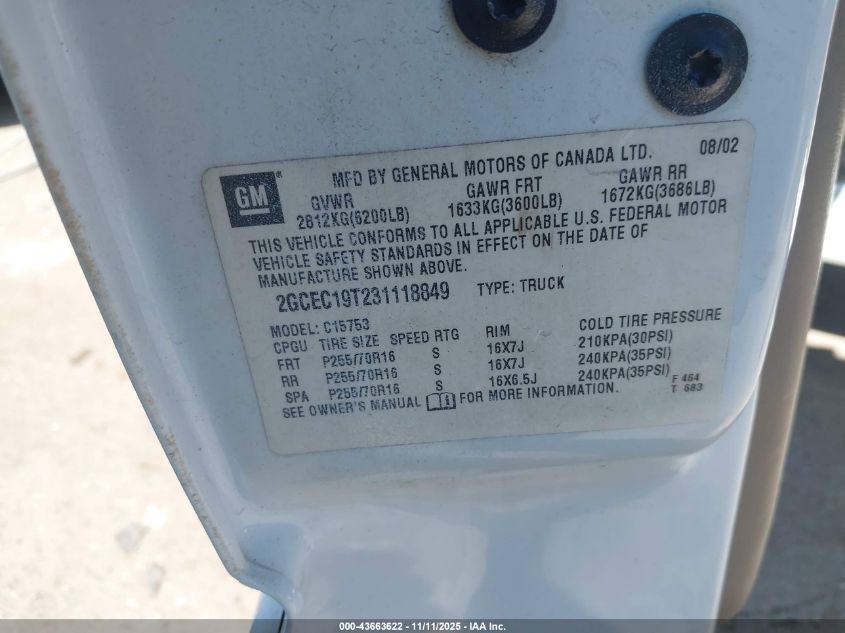 2003 Chevrolet Silverado 1500 Ls VIN: 2GCEC19T231118849 Lot: 43663622