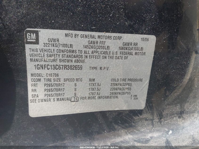 2007 Chevrolet Tahoe Ls VIN: 1GNFC13C67R302659 Lot: 43663626