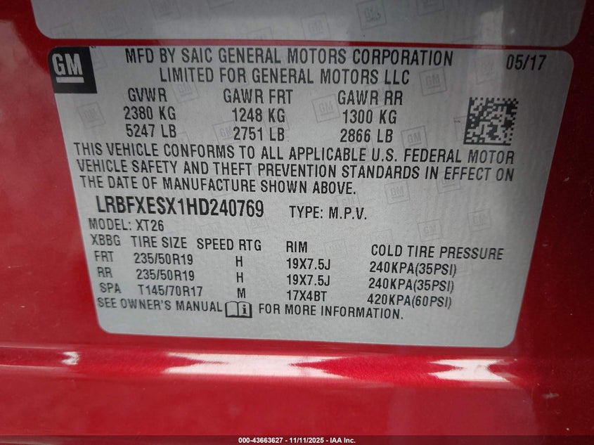 2017 Buick Envision Premium I VIN: LRBFXESX1HD240769 Lot: 43663627