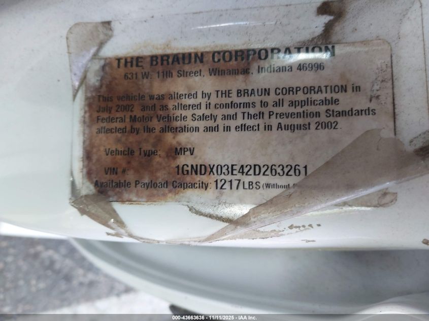 2002 Chevrolet Venture Plus VIN: 1GNDX03E42D263261 Lot: 43663636