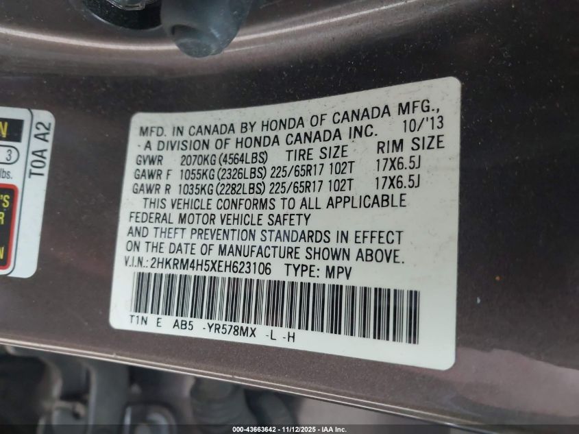 2014 Honda Cr-V Ex VIN: 2HKRM4H5XEH623106 Lot: 43663642