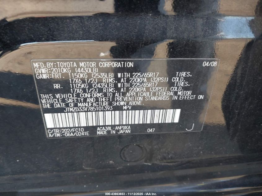 2008 Toyota Rav4 VIN: JTMZD33V785101393 Lot: 43663653